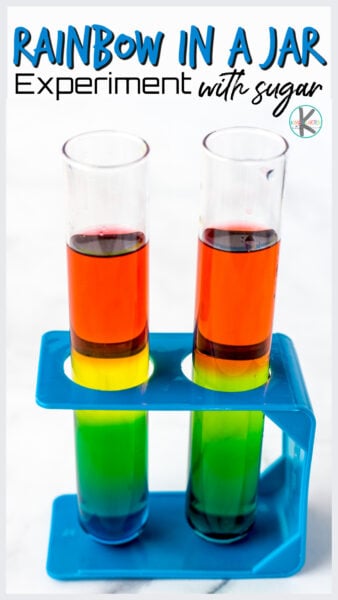 Did you know you can effectively demonstrate density with just food coloring, sugar, and water! Don't believe me? This rainbow in a jar with sugar allows you to show kids how the more dense a liquid (colored for visual purposes only), the heavier it is and it will sink. This rainbow density jar is quick, easy, and cheap to try. Use this rainbow in a jar experiment with sugar as a rainbow activity for kids in the spring or as part of a science lesson on density for kids. No matter how you use it, this density experiment makes an impressive density tower that will impress preschool, pre-k, kindergarten, first grade, 2nd grade, and 3rd graders too.