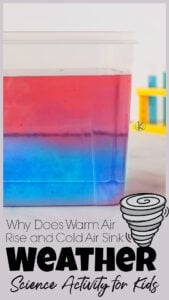 Have you ever wondered what creates thunderstorms and tornadoes? Well it all goes back to density. In this why does warm air rise and cold air sink demonstration, kids will be able to visualy see the concept of why does warm air rise with a science activity for kindergarten, pre-k, first grade, 2nd grade, 3rd grade, and 4th graders. WIth the density experiment for kids knowldege, you can more easily explain how the updraft and downdraft winds created by cloud formations can create tornados!