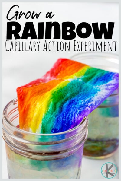 Amaze your kids with this SIMPLE grow a rainbow activity! This spring science experiment allows preschool, pre-k, kindergarten, first grade, 2nd grade, and 3rd graders to learn about capillary action with a beautiful wakling water science experiment. This kindergarten science experiment explores capillary action for kids with a few simple materials and only takes 5 minutes!
