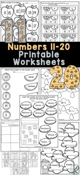 Young children will have fun learning to recognize numbers and count with these number practice sheets. These free printable numbers 11-20 worksheets are a fun way for preschool, pre-k, and kindergarten age children to work on counting, writing, identifying, and number words for those tricky numbers to 20. Simply print teen numbers worksheets and you are ready to play and learn with a  teen number activities.