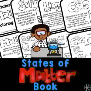 Cute coloring page States of Matter worksheets for kindergarten, pre-k, and first graders to learn about solid, liquid, and gas for kids.
