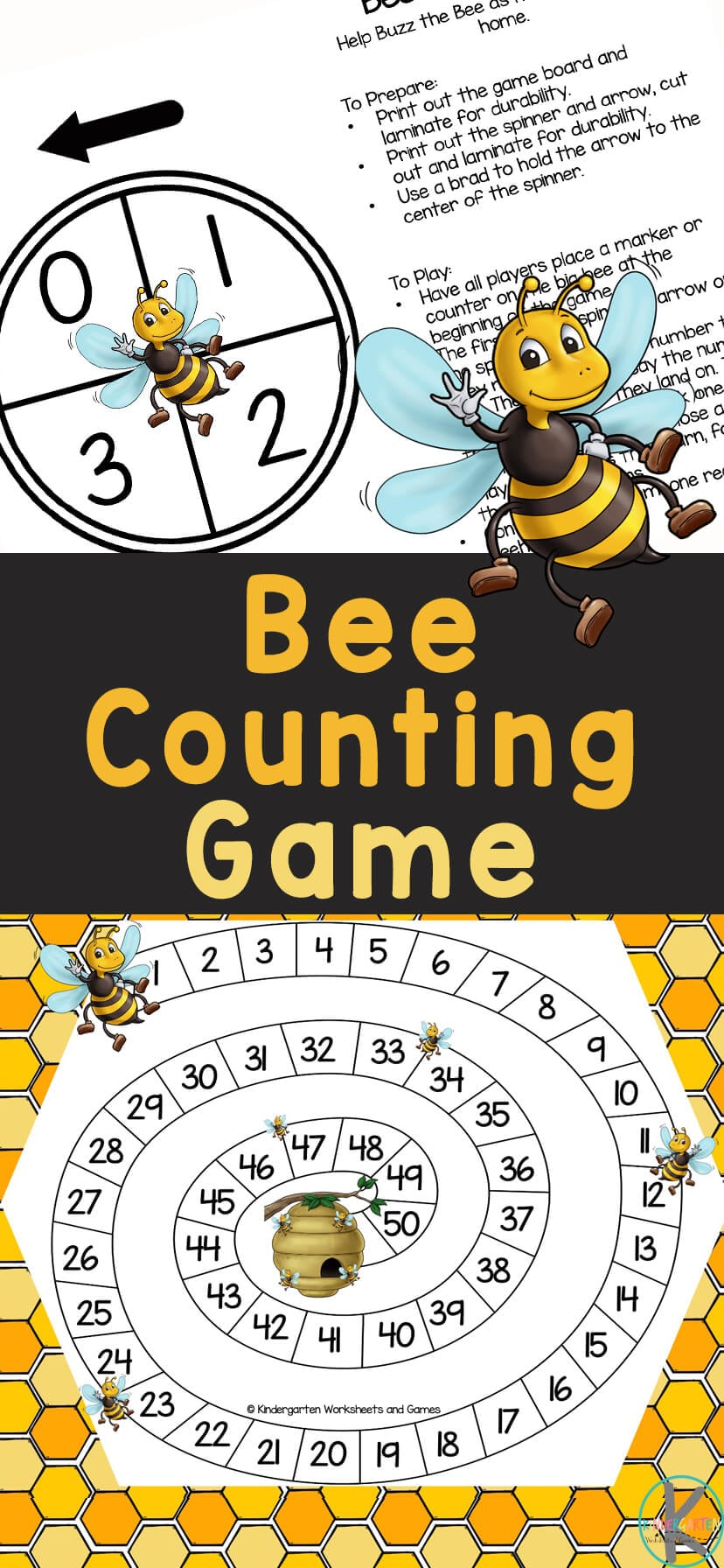 🐝 FREE Printable Bee Kindergarten Counting 1-50 Game