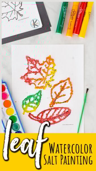 Create a stunning leaf craft with this fun watercolor salt painting project for Autumn! Use the free leaf template to creat these gorgeous fall art crafts!