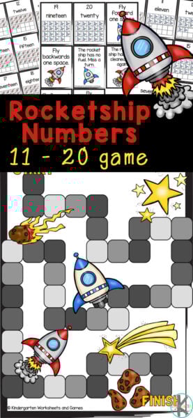 Rocketship Math Game is a great way to work on learning the numbers from eleven to twenty while playing a number recognition board game.  This free printable number games for kindergarten is a great way to work on those tricky teen numbers! Simply print the space printable to sneak in fun practice counting 11 to 20 with pre-k and kindergartners.
