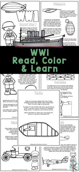 A great way to dive into the history of World War I for kids, is with these fun WWI coloring pages for children to read, color, and learn pages. These world war 1 worksheets would make a great addition to history lessons, a World War One unit in your homeschool, or area parent learning about world war 1 for kids. Simply print these great war printables to teach pre-k, kindergarten, first grade, and 2nd grade students. 