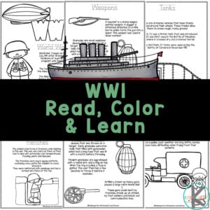Read and learn about the history of World War I for kids with these fun WWI coloring pages. Simply print these great war printables for children.