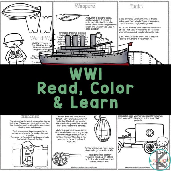 Read and learn about the history of World War I for kids with these fun WWI coloring pages. Simply print these great war printables for children.