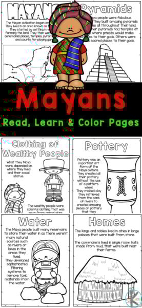 Dive into the history of other cultures, with these fun and free Maya Coloring pages. These mayan coloring pages would make a great addition to history lessons, a culture unit in your homeschool, or as part of a study of learning about people and cultures that have done some amazing things. These printables allow kids to learn who were the mayans with lots of  interesting facts about the mayan civilization history, culture, and what were the Mayans known for.  Use these in homeschool history or as a where did the mayans live geography activity with pre-k, kindergarten, first grade, 2nd grade, 3rd grade, 4th grade, 5th, grade, and 6th grade elementary age students. 
