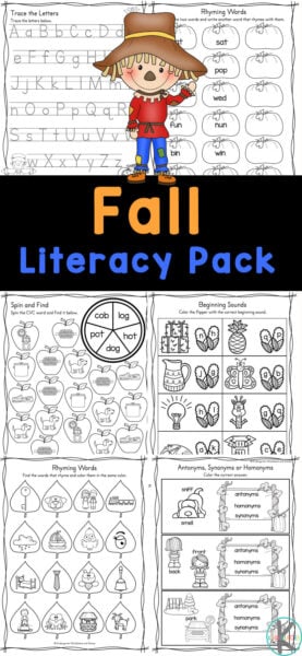 Sneak in some practice with alphabet letters, cvc words, sight words, and more with these free printable fall worksheets kindergarten! These autumn worksheets for kindergarten are filled with fun and cute clipart to keep kids engaged as they learn, practice and review important literacy! Simply print  fall worksheets to learn to recognize and write numbers, shapes, and tell time this September, October and November.