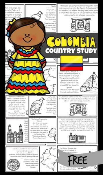 Learn about Colombia for kids with this free printable reader to read, color and learn! In these colombia coloring pages, children will learn about the beautiful South American country known for beautiful mountains, tropical rainforests beaches, coffee and so much more! Simply print pdf file with colombia worksheets and print the free printable mini books filled with information, cute clipart, and facts to teaching kindergarten, first grade, 2nd grade, 3rd grade, 4th grade, 5th grade, and 6th graders about geography and countries around the world.