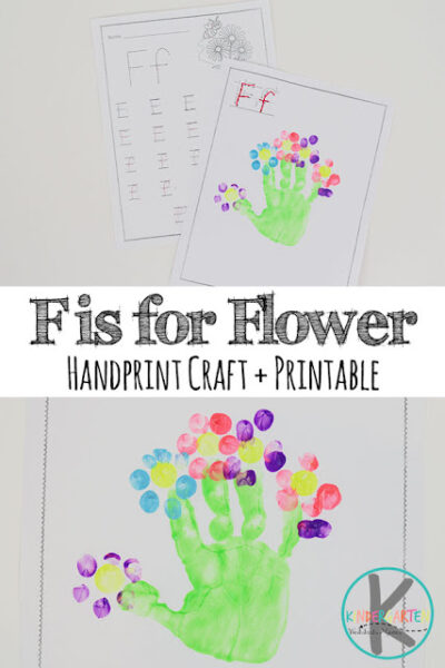 Let's make a precious f for flower craft keepsake using your child's own handprint! This adorable f is for flower craft craft is a fun way for toddler, preschool, pre-k, and kindergarten age students to learn about the letter F. You can also use this letter f handprint craft along with a flower theme, spring or summer craft, or Mother's Day project too! After you've made your flower craft, don't forget to print the free letter f worksheets to go along with it for more letter practice.