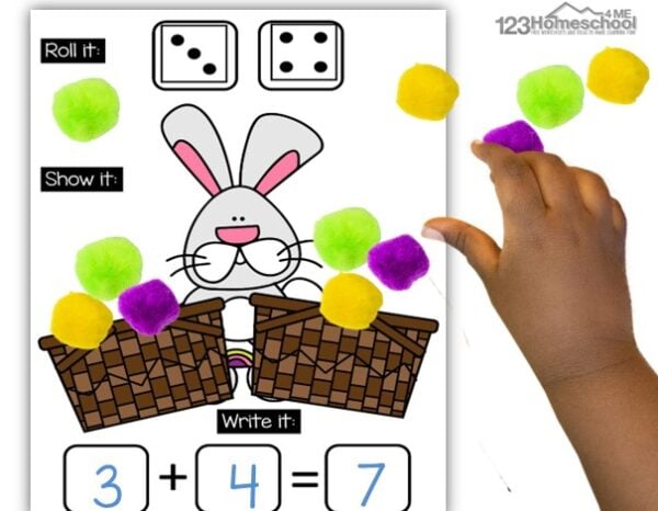 Clever spring math activity for Kindergartnen using FREE bunny printable and dice. Simply roll, fill in, and solve the addition math puzzles!