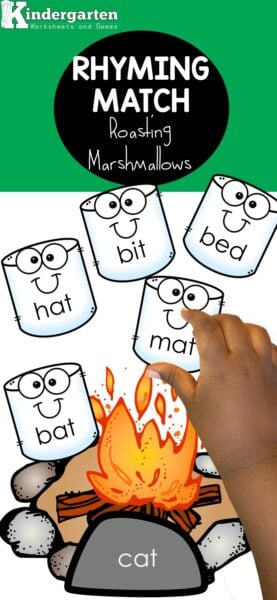 Grab this fun rhyming words game with a camping theme perfect for summer learning! In this matching rhyming words activity children will put together the marshmallow words with the campfire with a rhyming word. All you need for this simple rhyming games is our free rhyming words printable and preschoolers or kindergartners. Ready to try this rhyming activities for kindergarten?