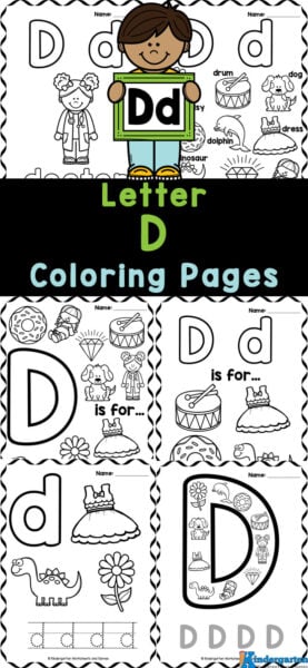 Grab this free printable letter d coloring sheet pack to help preschool, pre-k, kindergarten and even first graders to work on their fine motor skills as well as their literacy skills with this fun new printable.  These letter d coloring pages offer a variety of practice for early learners who are learning their ABCs and the sounds they make. Simply print these alphabet coloring pages and you are ready to play and learn!