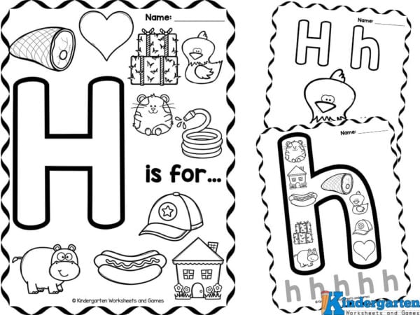 Lowercase h with images that start with the letter e initial sound plus tracing lower case letter h too
Letter h poster with nine different labeled images with beginning sound /h/
Simple capital Letter H worksheets with three images and letter h tracing in ruled line lines
Simple small Letter h printable with three images and letter h tracing in ruled line lines