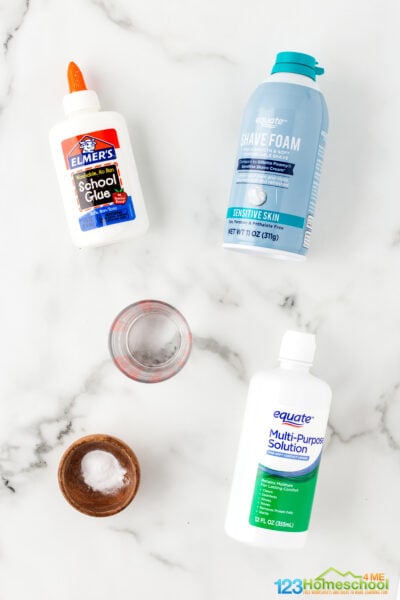 All you need are a few simple ingredients to make your pretty white snow slime:

Elmer’s White Glue
Baking Soda
Water
White Shaving Cream
Contact Lens Solution –  must have boric acid and sodium borate in the ingredient list. We used Renu fresh or Equate brand.