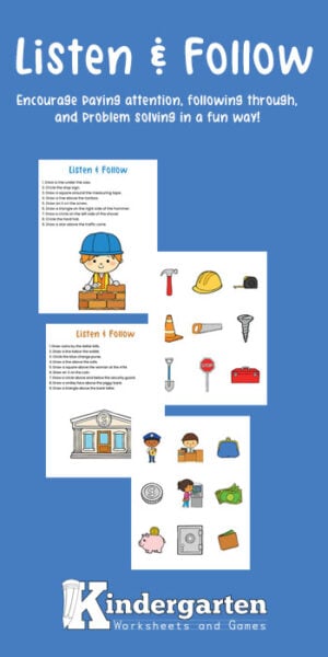 Enhance listening and following instructions with these free printable follow directions worksheets.  This pack of direction worksheet for kindergarten, first grde, and pre-k students is designed to boost children's attention and comprehension skills across four engaging categories: Construction, Bank, Grocery Store, and Library. Simply print follow instructions worksheet and you are ready for a fun, educational activity! 