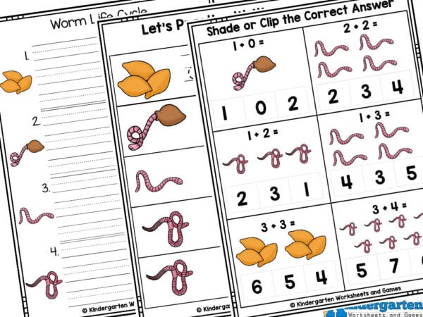 worm theme for kindergarten with addition, counting, alphabetical order, alphabet writing and tracing, syllables, and more kindergarten worms