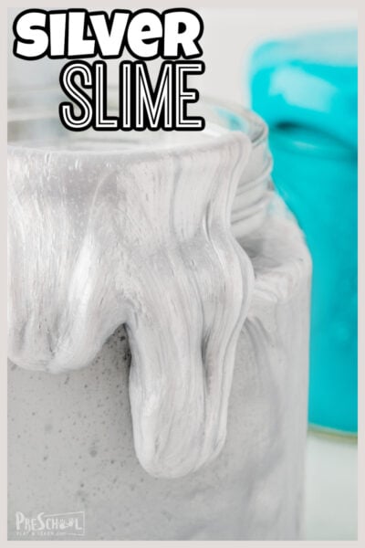 Looking for a fun, new homemade slime recipe? This eye-catching silver slime is quick and easy to make! Use this metallic slime with kids of all ages from preschool, pre-k, kindergarten, first grade, 2nd grade, and up. Not only will kids have fun playing with this diy slime recipe but they will work on strengthening hand muscles, exporing science principles, and more!