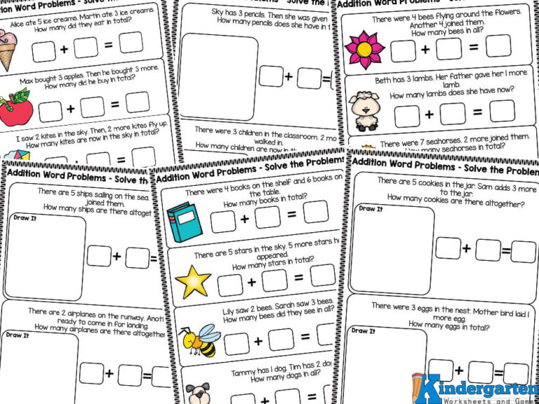 Free Printable Addition Word Problems Math Worksheets for Kindergarten