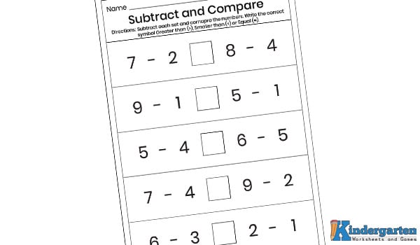 Subtract and Compare Worksheet Similarly in this worksheet, kids will have to solve subtraction problems and compare the results then write the correct symbol in the box.Â