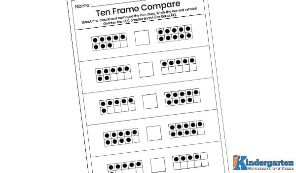 Ten Frame Compare In this worksheet, kids will find two ten frames in each set. They will have to count the dots in each frame, compare the numbers, and then write the correct symbol to show which number is larger, smaller, or if they are equal.