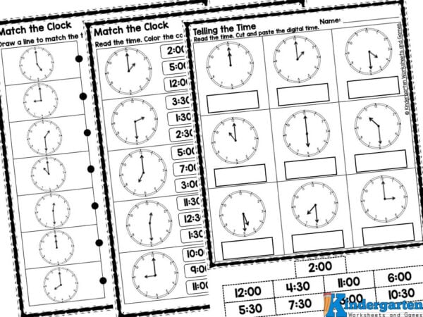 There are two pages of kindergarten telling time worksheets for most of the activities. There activities include:

Make a clock face
Draw a line to match the times
Read the time and add the second hand to the clocks
Read the times and color the correct answer from three options