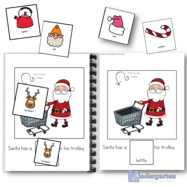 This printable book features Santa and his shopping cart, with a letter order focus on C, K, E, H, and R. Kids read a prompt, match an image with the right letter sound, and place it into Santa’s trolley. It's engaging, seasonal, and designed for different skill levels, with two versions included to make it accessible for special needs kids, too.