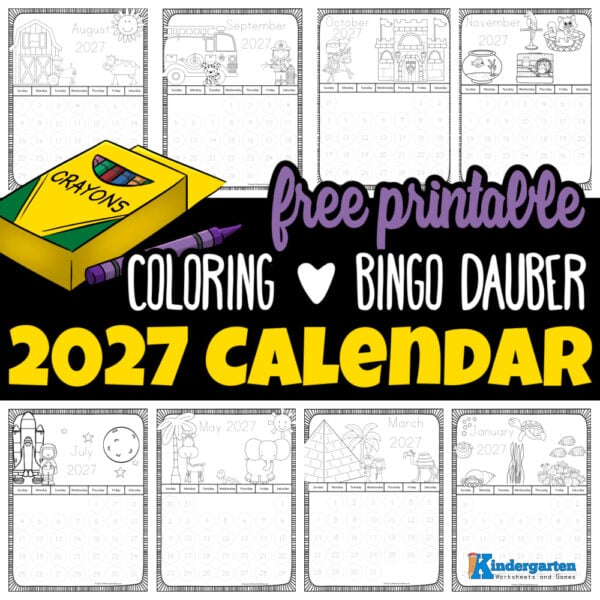 Kids will enjoy this free printable coloring calendar for 2027, featuring fun monthly themes that help them learn about days, weeks, and months while coloring!