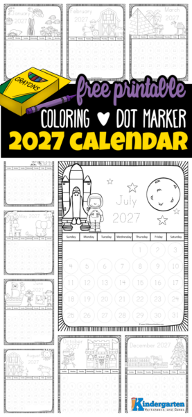 Kids will love this adorable free printable coloring calendar 2027 - with cute monthly themes. These printable coloring calendar 2027 allows toddler, preschool, pre-k, kindergarten, and first grade students to have fun coloring while learning about days, weeks, and months of the year! Updated annually! Simply print pdf file with calendar coloring pages and you are ready to colour and learn!
