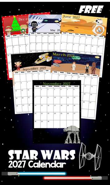 Looking for a super cute, free star wars calendar 2027 printable for your kids to keep track of upcoming events, school work, or simply to learn the days of the week, month, and year. You are going to love this Star Wars Calendar for 2027! This pdf file template includes your child's favorite characters including Darth Vader, Luke, Kylo Ren, Stormtroopers, Poe, Chewbacca, Princess Leia, Rey, BB8, R2D2, C3P0, Luke, Han Solo, and more! Print the pages and assemble your free calendar for toddler, preschool, pre k, kindergarten, first grade, 2nd grade and more!