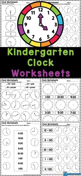 Are your kids learning to tell time? These super cute, free printable kindergarten clock worksheets are just what you need to make practicing using analog clocks simple and fun! The 10 pages of clock worksheet for kg include a variety of exercises to make practice engaging for students.  Included are telling time to the hour and half hour worksheets. Simply download the kindergarten telling time worksheets and you are ready to go!