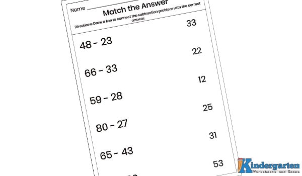 Double Digit Matching Answers Subtraction Worksheet In this worksheet, kids will solve the subtraction problems and draw a line to match each one with the correct answer. This helps them practice and check their work.