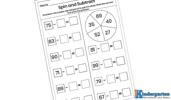 Double Digit Spin and Subtract In this worksheet, children will spin a spinner (or use a pencil and paperclip) to get a number. They will write this number in the second box and subtract it from the first number. Then, they will solve the subtraction problem. It’s a fun and hands-on way to practice math!