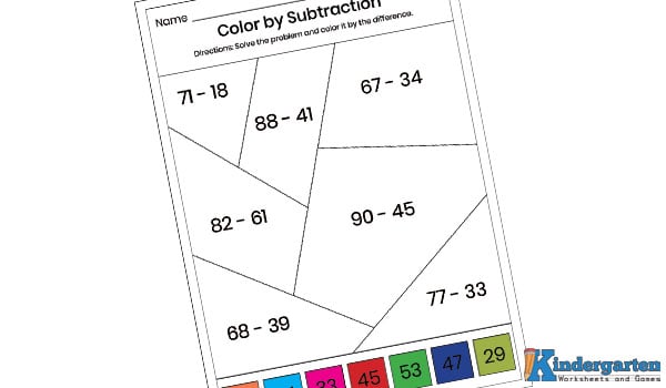 In this worksheet, kids will solve subtraction problems and use the answers to color the picture. Each answer matches a color. It turns math into art! In this worksheet, kids will solve subtraction problems and use the answers to color the picture. Each answer matches a color. It turns math into art!