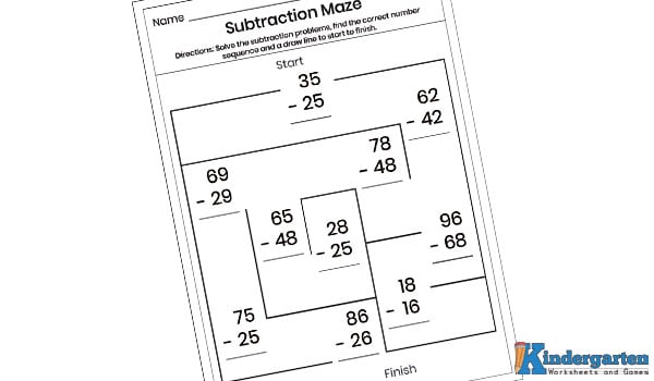 subtraction maze This worksheet makes math feel like a game! Kids will solve double-digit subtraction problems to find the correct path through the maze. Only the correct answers that create a sequence will lead them from start to finish.