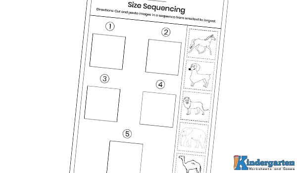 In this size sequencing worksheet, kids will see pictures of different animals. They will cut out the images and paste them in the correct order—from smallest to largest. This fun activity helps children understand size order and develop comparison skills. 