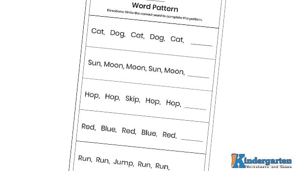 In this word pattern worksheet, kids will look at each row of repeating words and figure out which word comes next. They’ll then write the correct word to complete the pattern. This activity helps build reading, pattern recognition, and critical thinking skills.
