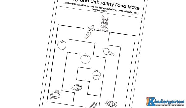 Food Maze In this food maze worksheet, kids will help the bunny find its way out by drawing a path that follows only the healthy foods. It’s a fun and engaging way to learn about healthy eating while solving a maze!