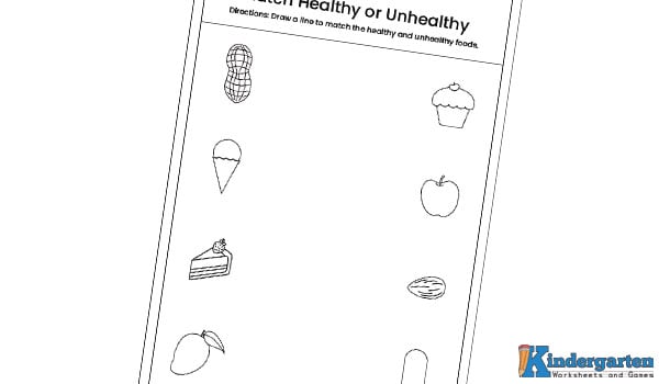 Healthy Snack Worksheet In this match healthy or unhealthy food worksheet, kids will look at the pictures and draw lines to match the healthy foods with other healthy foods and the unhealthy foods with other unhealthy foods in the same category. It’s a fun activity to help them learn how to group foods correctly!