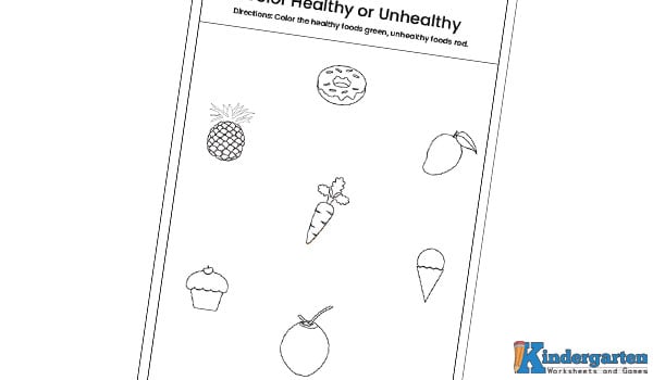 Healthy food and unhealthy food worksheet In this worksheet, kids will look at the pictures of different foods and color the healthy ones green and the unhealthy ones red. It’s a fun way to learn about good eating habits while coloring!
