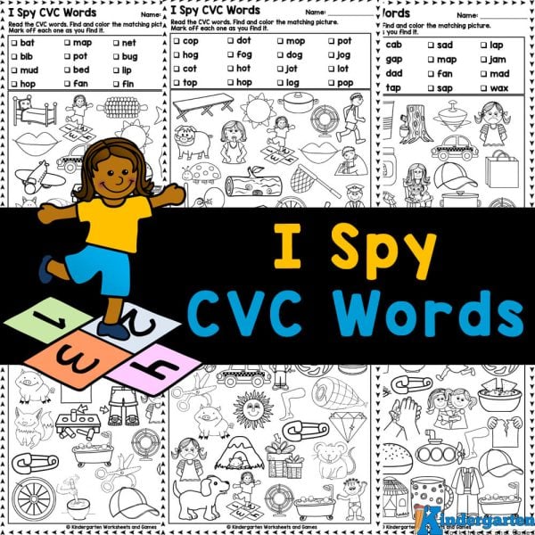 Check out this fun I Spy CVC Words activity for Kindergarteners, where students can find, read, and color to practice their CVC words!