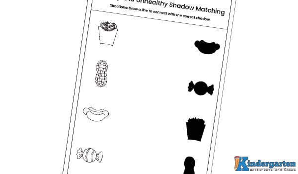 Printable healthy and unhealthy food worksheet pdf In this worksheet, kids will look at the pictures of healthy and unhealthy foods and draw lines to match each food with its correct shadow.