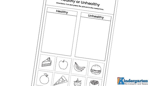 Worksheet about healthy and unhealthy food In this fun healthy and unhealthy food sorting worksheet, kids will look at different food pictures and decide which ones are healthy and which are not. Then, they will cut out the pictures and paste them into the correct boxes to show what belongs in each group.