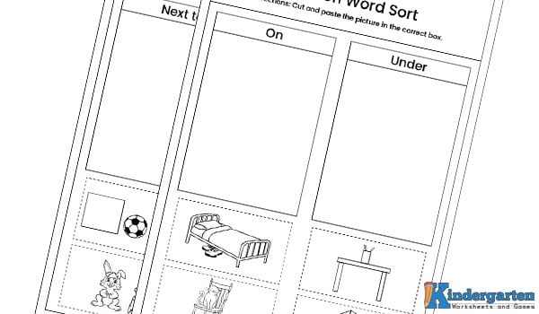 positions worksheet for kindergarten In this sorting worksheet, kids will look at the images, cut them out, and paste each one into the box with the correct position word. They will use the clues in the images to decide where each one belongs. This activity helps kids learn position words, strengthen fine motor skills, and practice sorting in a fun, hands-on way. Â