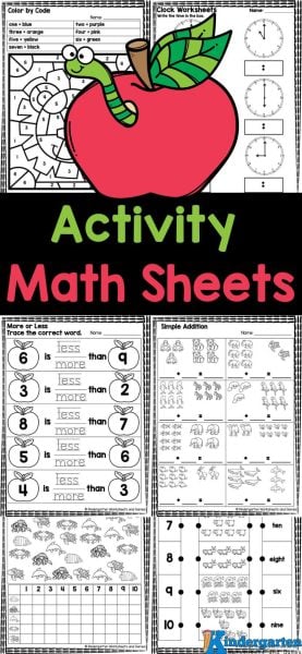 Kids will love learning and practicing math with this huge pack of activity sheets for kindergarten math! This fun pack of over 30 kindergarten math worksheets covers a wide variety of math skills. Download this pack of kindergarten math printables filled with counting, number names, what comes next, shapes, ten fram, count and graph, color by number, addition, subtraction, telling the time, and more. Plus the answer key for these free kinderarten math worksheets is included! Kids will love learning and practicing math with this huge pack of activity sheets for kindergarten math! This fun pack of over 30 kindergarten math worksheets covers a wide variety of math skills. Download this pack of kindergarten math printables filled with counting, number names, what comes next, shapes, ten fram, count and graph, color by number, addition, subtraction, telling the time, and more. Plus the answer key for these free kinderarten math worksheets is included!