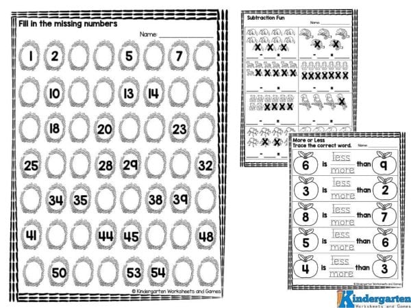 math worksheets for kindergarten Trace the correct word - more or less
Use the ten frames to complete the addition equations
Count the pictures and write the equations - addition and subtraction equations
Fill in the missing numbers in the number bonds
Count and graph
Count and write the number
Cut and paste - counting by 10s
Color the correct shape to finish the patterns