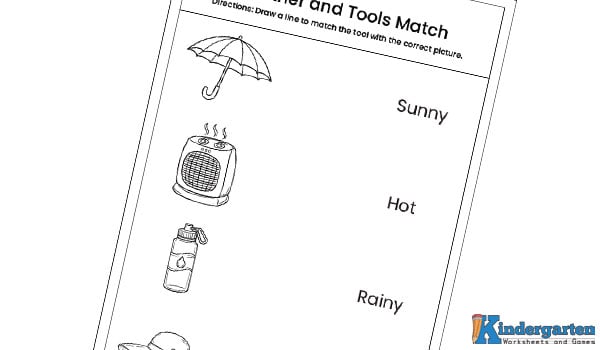 In this worksheet, kids will look at different object pictures used in different types of weather. They will read the names and draw a line to match each object with the correct name. This activity helps children understand which objects are used in which weather.