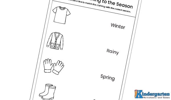 clothes and weather worksheet In this worksheet, kids will look at pictures of clothes worn in different seasons. They will carefully think about when each item is used and draw a line to match the clothes with the correct season name. This fun activity helps children learn about seasons and everyday clothing in a simple and engaging way.
