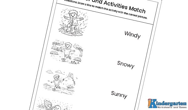 In this weather and activities matching worksheet, kids will look at pictures of activities done in different types of weather. They will think about each activity and draw a line to match it with the correct weather name.
